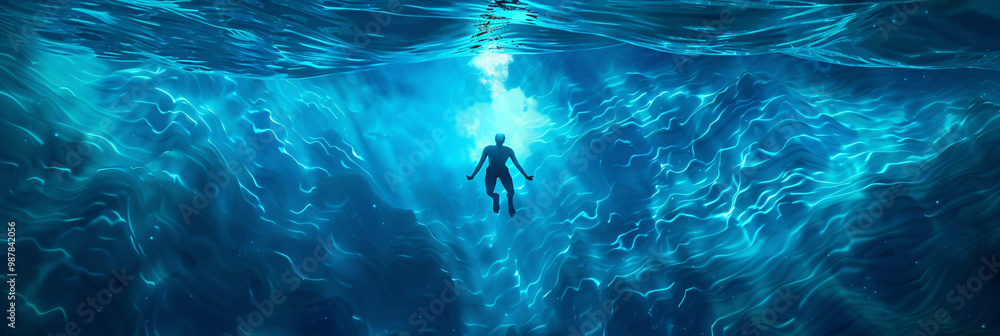 Poster a person floating in a serene ocean with bioluminescent waves surrounding them. representing serenit