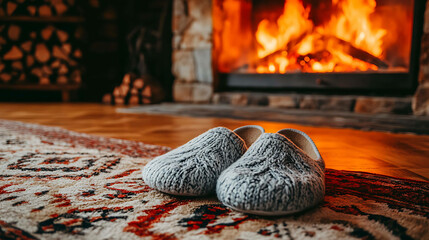 A pair of cozy slippers on a rug in front of a fireplace.