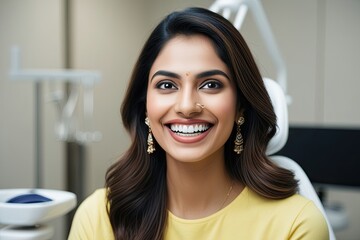 Fototapeta premium Vibrant Headshot of Happy Indian Woman Highlighting Beautiful Smile for Dental Marketing