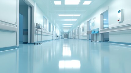 Fototapeta premium Empty hospital hallway with modern design, sterile floors, and state-of-the-art medical equipment. Suitable for healthcare or emergency room themes.