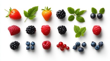 Fresh Berries Assortment   Red  Black  Blue  Green Leaves  White Background