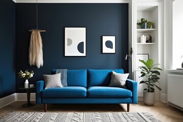 Scandinavian Studio Apartment Living Room Featuring Blue Sofa and Minimalist Interior Design