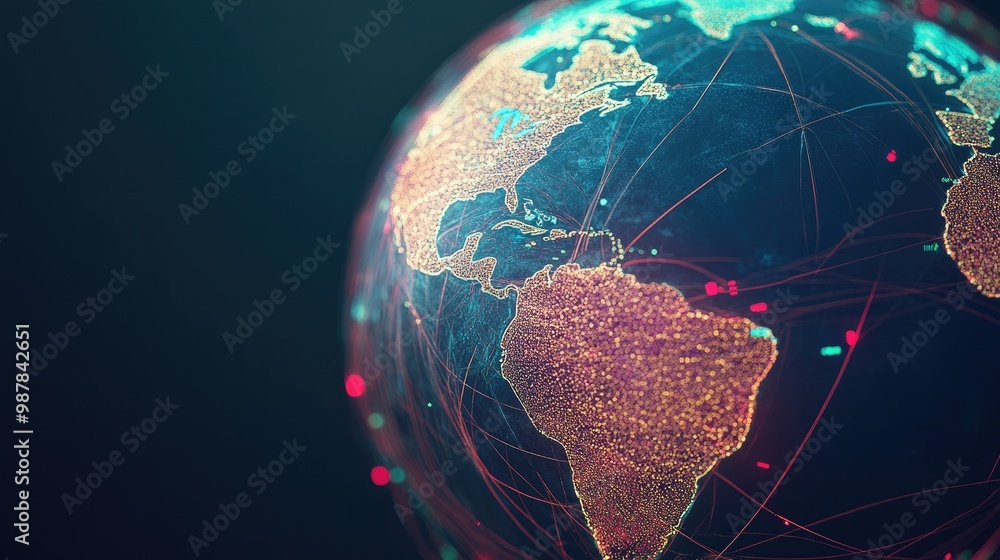 Poster globalization concept with a globe and transportation routes between continents, emphasizing trade a