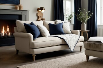 Beige Loveseat with Navy Cushions and Cozy Quilts in Scandinavian Living Room Decor by Fireplace
