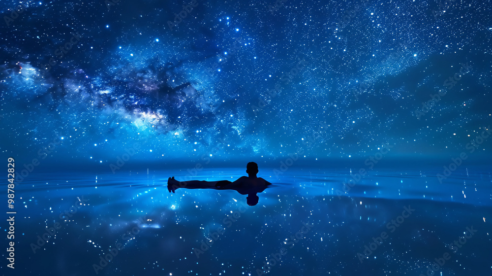 Poster a person floating on their back in a calm lake under a starry sky. representing serenity and reflect