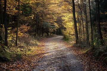 Obraz premium Sunlit path through autumn forest with golden leaves, nature background