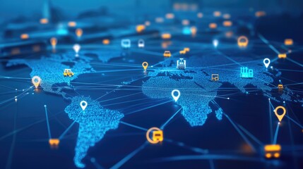 Fototapeta premium Image of continents connected by digital lines and transport icons, showcasing the concept of global shipping and transcontinental movement. Copy space is available.
