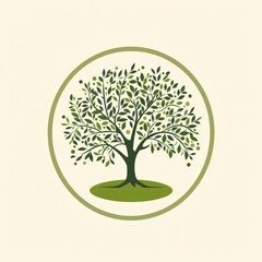 Stylized green tree with leaves and a circle around it.