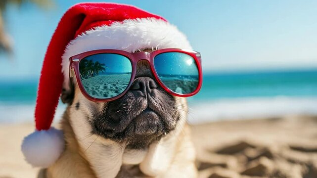 A cheerful pug in sunglasses and a Santa hat relaxes on a sunny beach with ocean waves in the background during the holidays