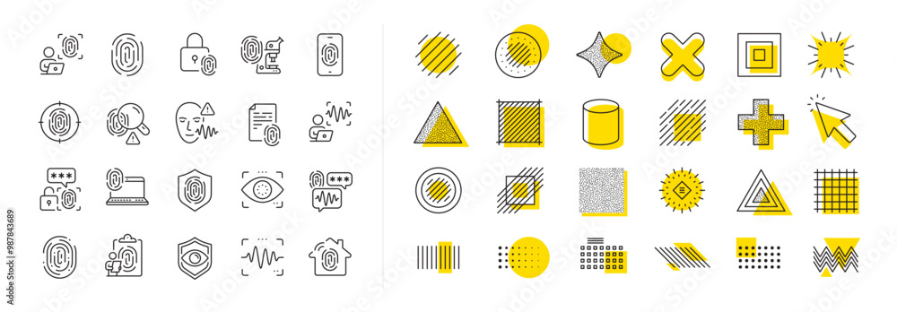 Poster fingerprint access, eye biometric and voice recognition. design shape elements. biometric line icons