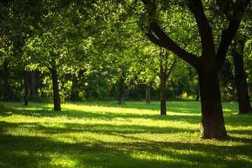 Naklejka premium Green trees and lush grass meadow on a sunny day, peaceful forest landscape with sunlight filtering through the foliage