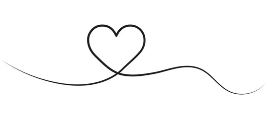 Fototapeta premium Heart and love sign in continuous one line drawing. Thin flourish and romantic symbol in simple linear style. Editable stroke. Minimalistic Doodle vector illustration