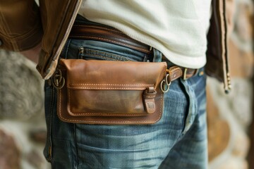 Construction worker wearing a brown leather tool belt pouch on blue jeans