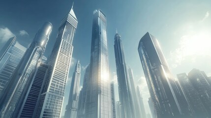 Picture of modern skyscrapers in a futuristic financial district. The smart city architecture glistens under the warm sun, representing the future of urban design.