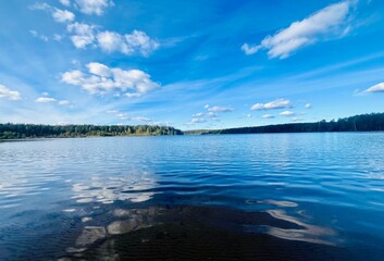 Fototapeta premium beautiful blue lake view, blue sky with white clouds reflections on the lake surface