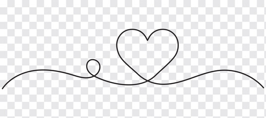Single doodle heart continuous wavy line art drawing on transparent background.
