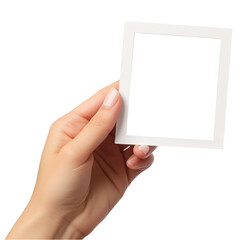 female hand holding blank polaroid photo template for memory