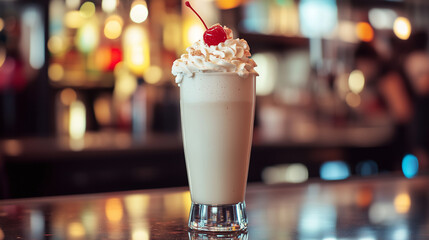 Banana milkshake with whipped cream in a café