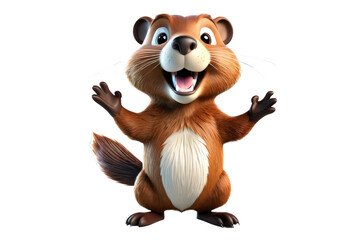 3D cartoon beaver, exuding joy, rendered in high-quality, ultra-clear stock photography style, full body, centered, isolated on a pure white background