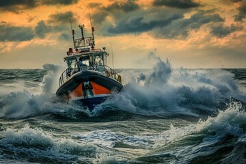 Lifeboat is sailing fast on a rough sea during a rescue mission with dramatic clouds at sunset