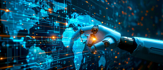 A robotic hand touching a glowing AI interface against a digital world map backdrop, symbolizing global artificial intelligence