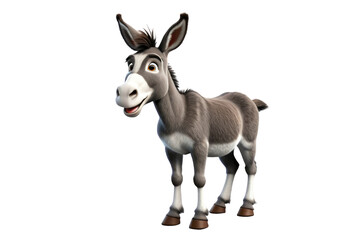Fototapeta premium 3D cartoon donkey, characterized by cheerful expression, stands centered, full body isolated against a pure white backdrop, stock photograph quality, ultra clear, high definition detail