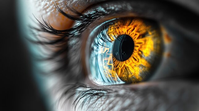The eye of a person reflects money in its iris, symbolizing venality and the allure of wealth. Close-up shot with a focus on the corrupting power of greed.