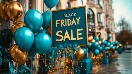 Image showing a Black Friday sale sign adorned with teal and gold balloons, set against the backdrop of a city street, creating an inviting atmosphere for shoppers.