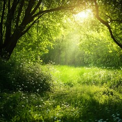 Obraz premium Sunbeams shining through the leaves of trees in a lush green forest.