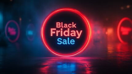 A vibrant neon sign displays 'Black Friday Sale' in bold text, with a glowing ring surrounding it, set against a misty, colorful background, emphasizing the event.