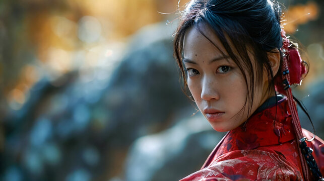 Young woman in traditional red Asian attire with serious expression, looking over her shoulder in a serene natural outdoor setting, soft sunlight and bokeh in the background