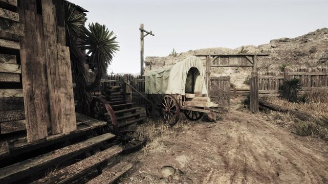 An old western town with a covered wagon