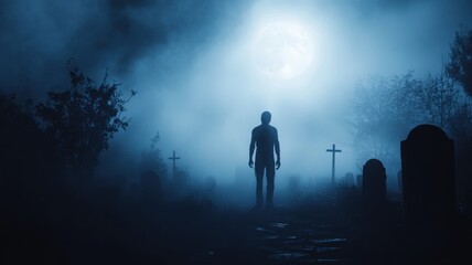 Fototapeta premium Blurred silhouette of a zombie in a foggy graveyard, surrounded by mist and moonlight for a spooky Halloween atmosphere