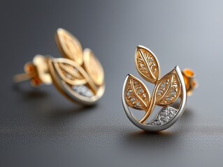 Naklejka premium Gold and Diamond Leaf Earrings on Gray Background