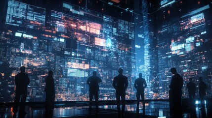 Obraz premium Silhouettes of People Looking at a Futuristic Cityscape Display