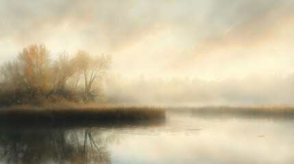 Fototapeta premium Foggy Sunrise Over a Still Lake with Trees in the Foreground