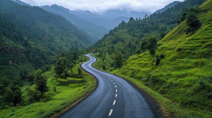 Fototapeta premium A captivating image of a winding road slicing through lush, green hills under an overcast sky, creating a peaceful and scenic landscape that invites adventure and exploration.