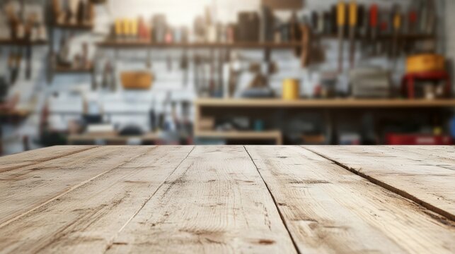 Carpentry workshop featuring an empty wooden table with blurred tools in the background