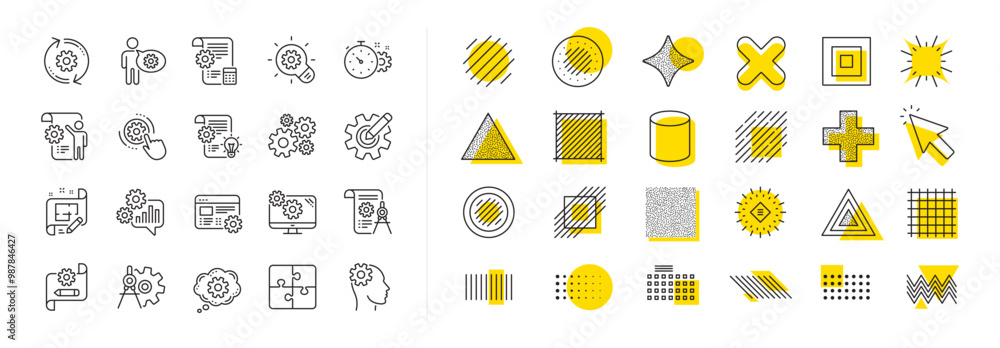 Poster set of idea bulb, dividers tools and blueprint linear icons. design shape elements. engineering line