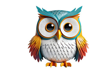 Obraz premium A cheerful, cartoon owl, full-bodied and three-dimensional, stamp of happiness etched on its plumage, masterfully centered on a stark white backdrop