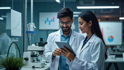 Two Indian researchers in lab coats engage in a collaborative discussion over a tablet in a modern laboratory. Perfect for educational materials, scientific publications, and promoting teamwork