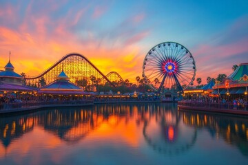 Obraz premium A beautiful amusement park at sunset. The vibrant colors of the sky reflect on the water. A picturesque view of fun rides and joyful moments. Generative AI