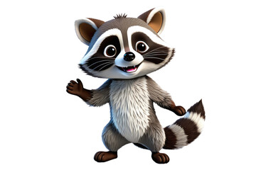 Cartoon raccoon, full body, depicted in 3D isometric art, exuding happiness, centered, isolated against a pristine white background, quality akin to a professional stock photograph, ultra-clear