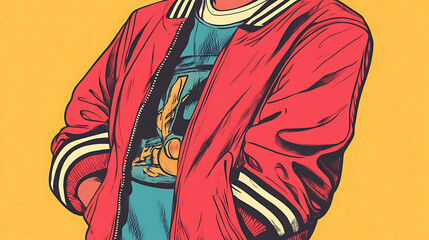 A red bomber jacket with white stripes on the sleeves, illustrated in a comic book style.