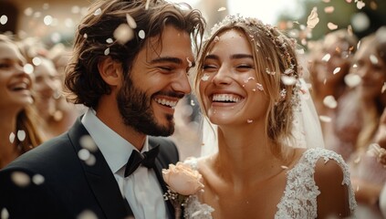 Happy bride at wedding ceremony and people sprinkling flower petals