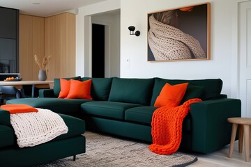 Scandinavian Living Room Design Dark Green Sectional Orange Accents and Cozy Knit Throws