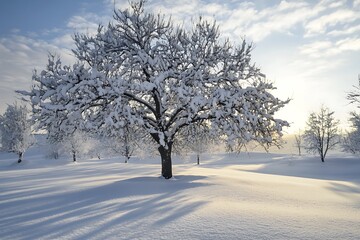Snow covered tree in winter landscape,  winter scenery, frosty tree branches, idyllic peaceful nature