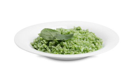 Delicious spinach risotto in plate isolated on white