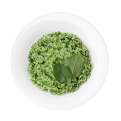 Delicious spinach risotto isolated on white, top view