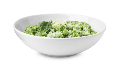Delicious spinach risotto with parmesan cheese isolated on white